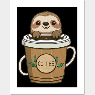 Funny Sloth & Coffee Kawaii Anime Coffee Lover Posters and Art